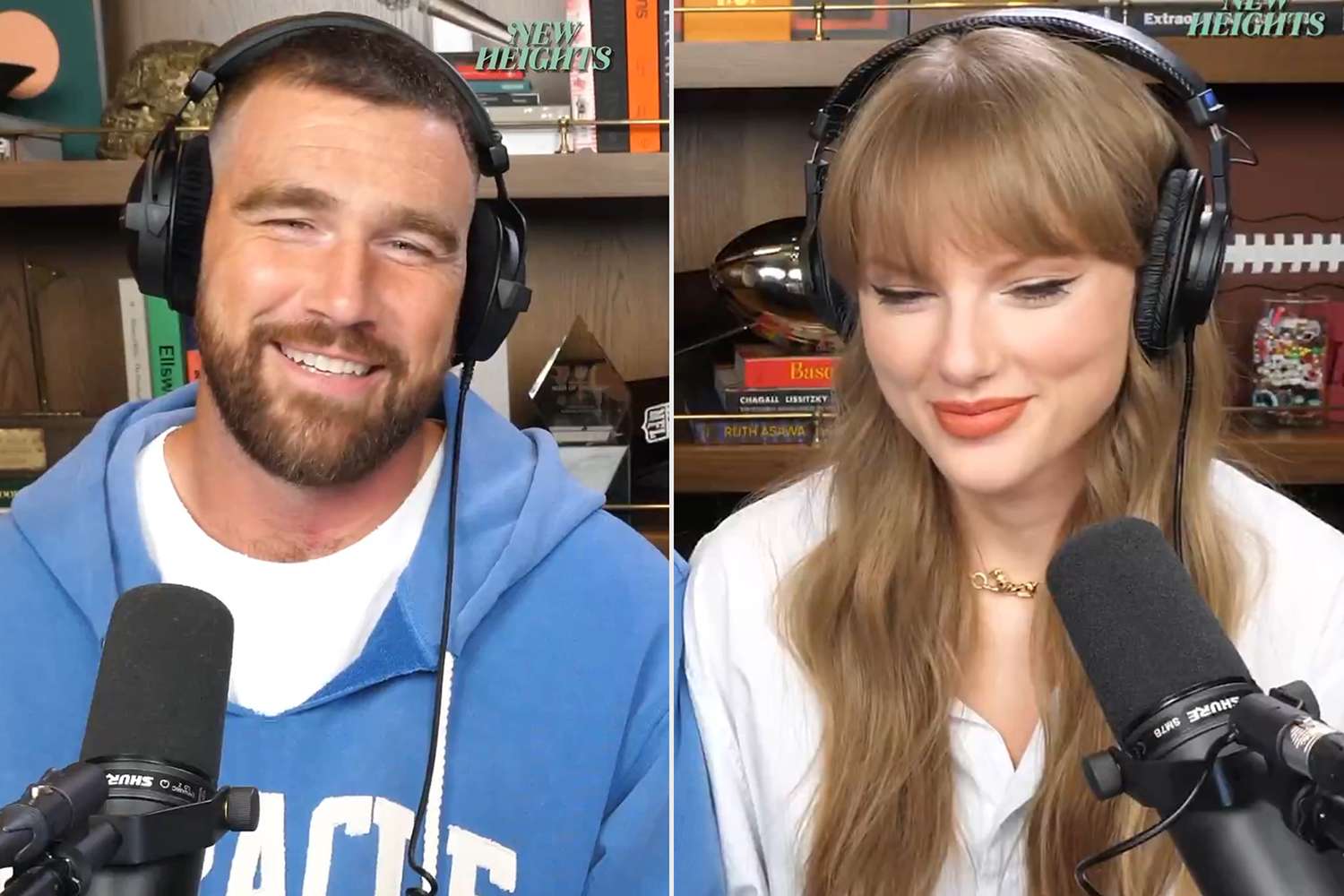 Travis Kelce and taylor Swift at the new heights podcast
