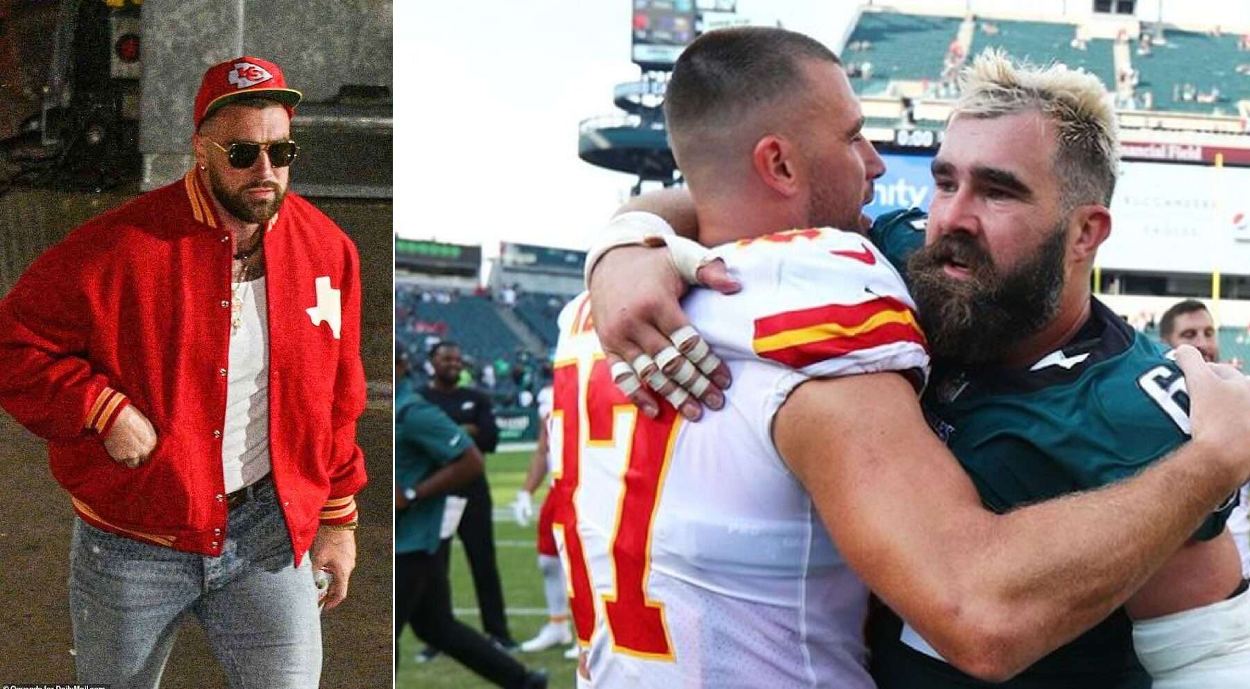 Travis Kelce arrives at Arrowhead Stadium to take on brother Jason and the Philadelphia Eagles in the Chiefs' Super Bowl rematch - but the tight end will have to perform without girlfriend Taylor Swift cheering him on again