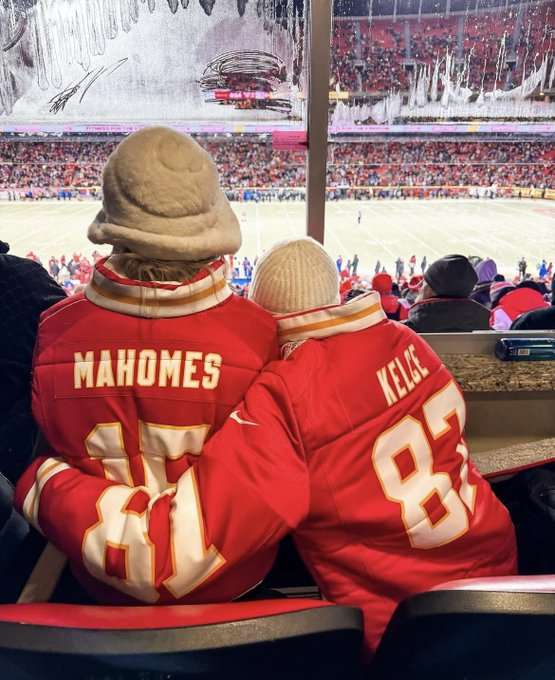 Patrick Mahomes' wife posted a photo carousel with Swift "twinning" following the Chiefs Wild Card win over the Dolphins.