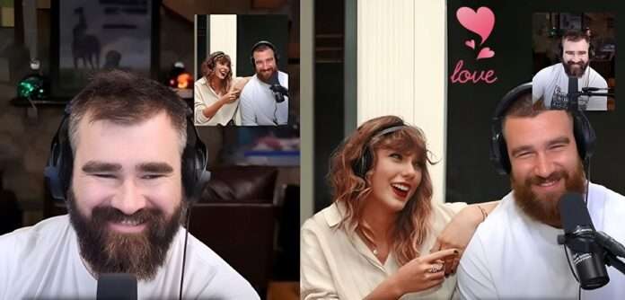 Travis and Jason Kelce new heights podcast episode hosts Taylor swift....Trav talk about engagement while Taylor grin from ear to ear
