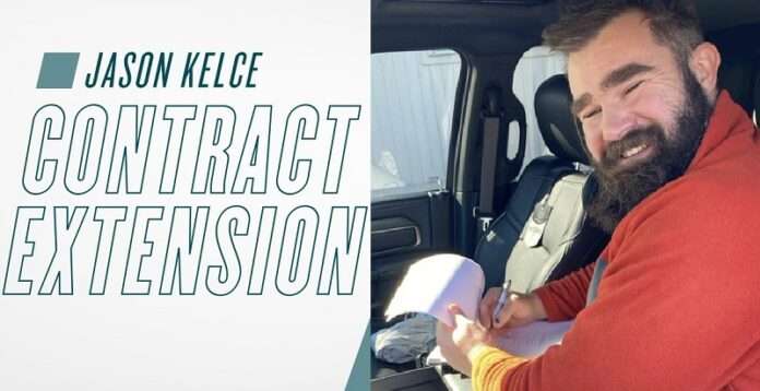 Eagles center Jason Kelce restructured his contract and Kelce is coming back for the 2024 season!!! Kelce signing the deal in his car