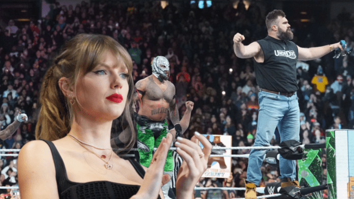 Two worlds collided Saturday night when Taylor Swift earned a mention on the WrestleMania 40 broadcast.