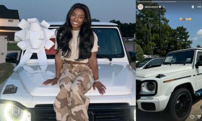 The Olympic Champion Simone Biles Poses on the Hood of Sparkling New White G-Wagon: 'In with the New' 'Out with the old'