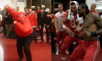 Andy Reid and Travis Kelce in the chiefs locker Room, Reid Sets the Chiefs Locker Room on Fire with a victory Danced, he showed how excited he is with his Amazing dancing steps over CHIEFS Win to Bengals...GO BIG RED!!!