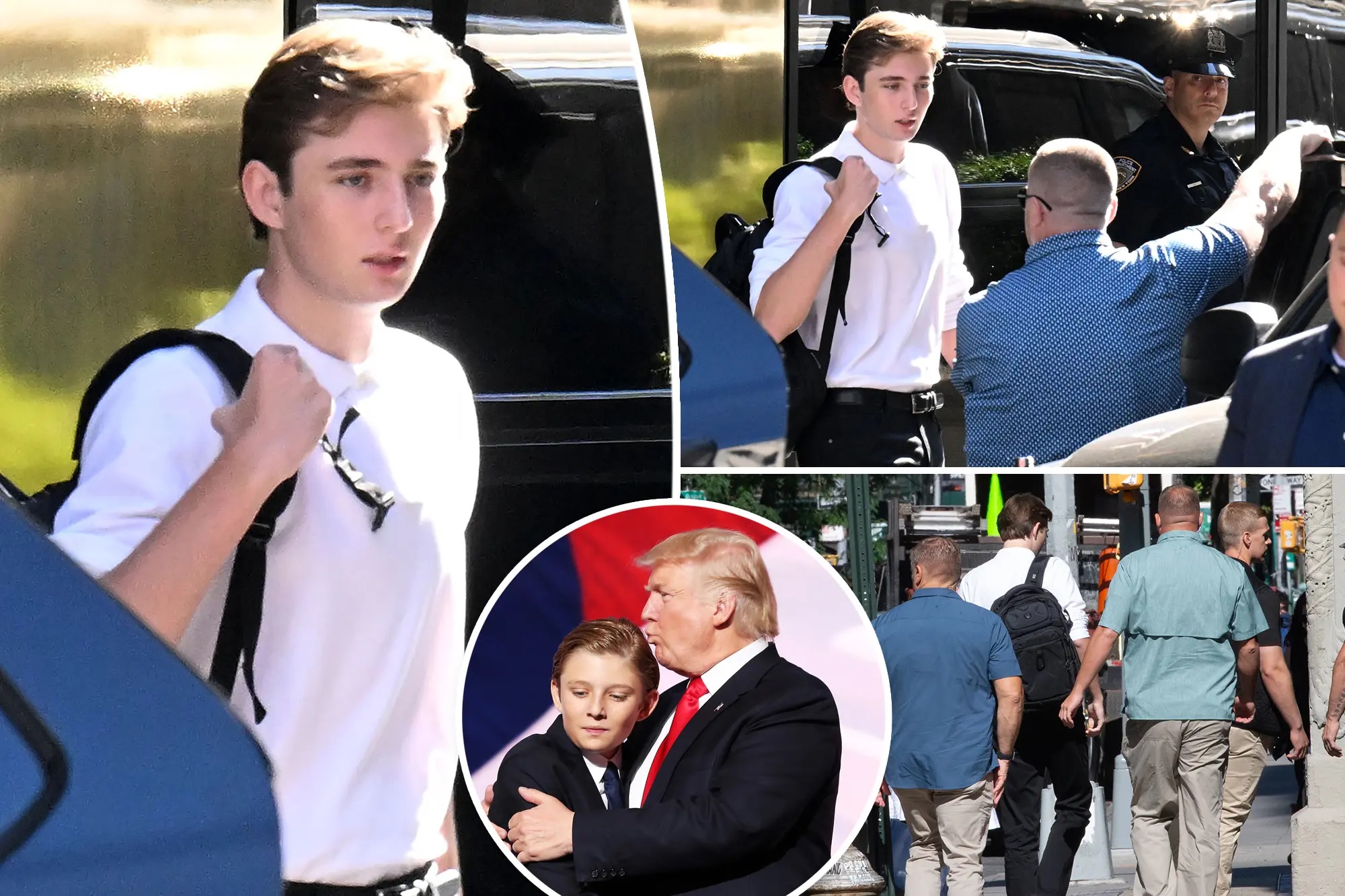 Former President Donald Trump youngest son, Barron Trump, 18, flanked by security as he arrives at NYU for first day of college classes