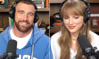 Travis Kelce and taylor Swift at the new heights podcast