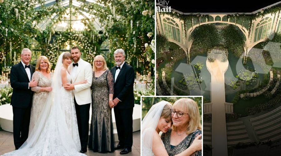 Taylor Swift Officially Releases Exclusive First Look at Her Wedding Photos With Husband Travis Kelce and Both Sets of Parents, Donna and Ed Kelce and Andrea and Scott Swift, After Months of Secrecy and the Recent Daily Mail Leak of the Original Wedding Layout Plans and Scrapped Decisions